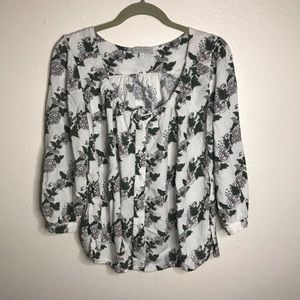Lucky brand floral white green pleated button top